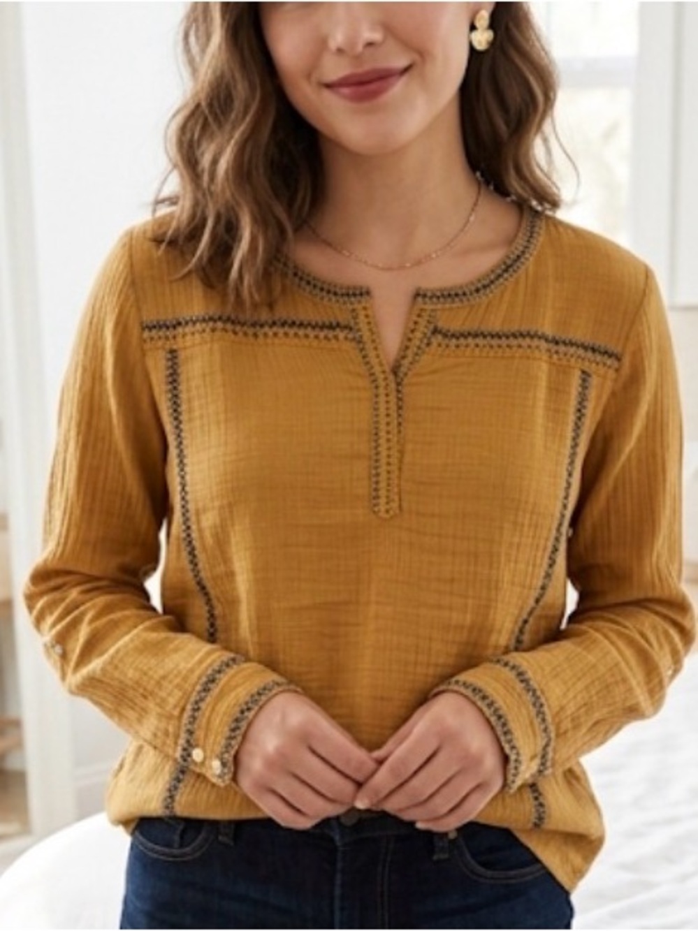 Mustard Embroidered Split-Neck Women's Blouse